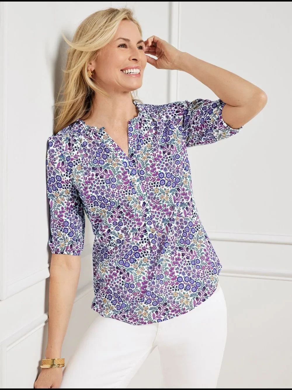 Talbots Plus Winding Ditsy Floral Split-Neck Elbow Sleeve Cotton Popover Blouse